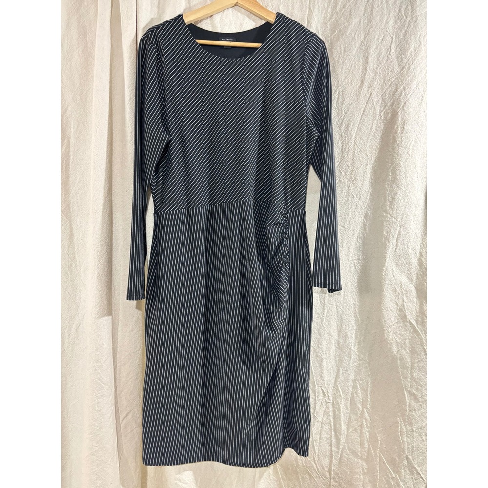 Ann Taylor Black White Pinstripe Ruched Side Sheath Dress Long Sleeve Large